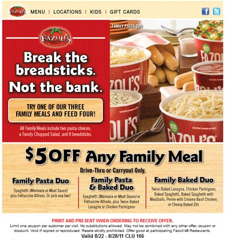99 or a Kid’s <strong>Meal</strong> for $5 if you’re celebrating with the whole <strong>family</strong>. . Fazolis family meal coupon